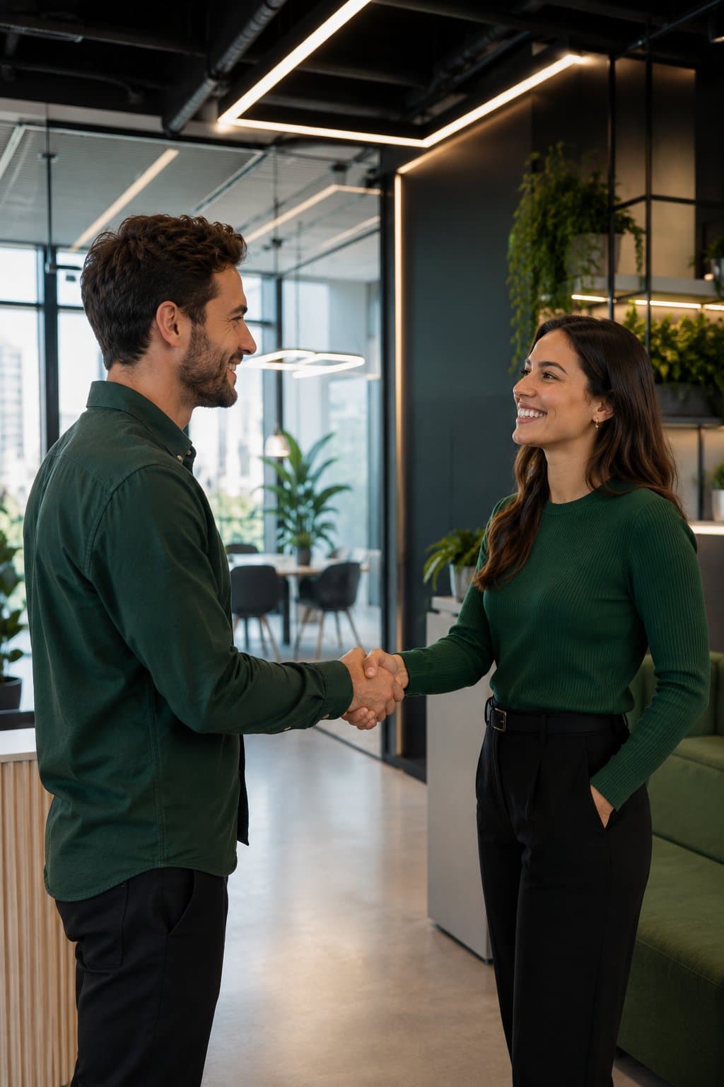 Two professionals shaking hands in a modern office