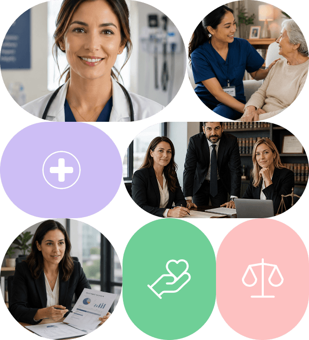 A collage of medical and business professionals alongside care, heart, and justice icons